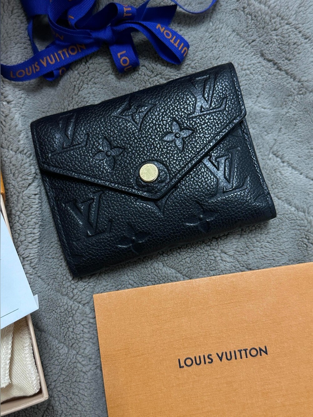 Louis Vuitton Black Embossed Victorine Wallet with Gold Button
